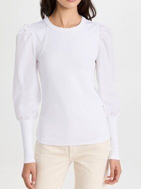 Veronica Beard Donovan White Ribbed Puff Sleeve Top Size S